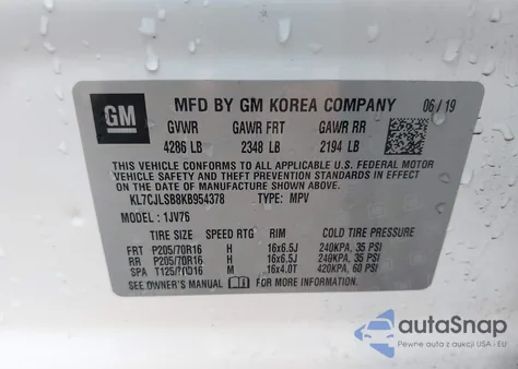 2019 Chevrolet Trax Lt z USA, uszkodzony, nr VIN KL7CJLSB8KB954378